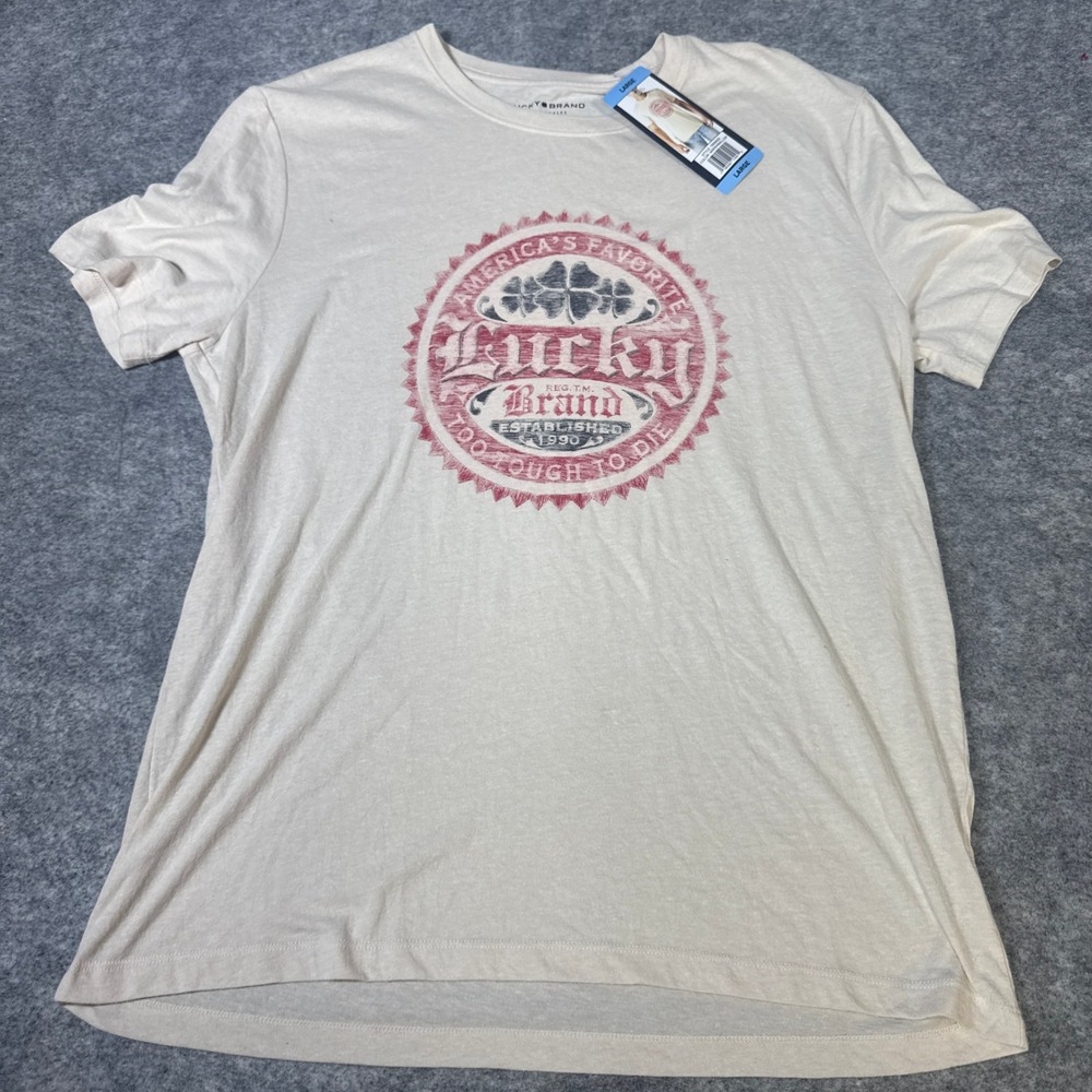 Lucky Brand Mens Graphic Tee Marshmallow Cream Clover Logo 7MS8000 Large NWT